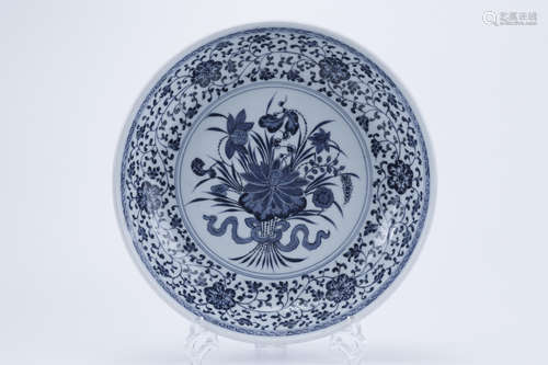 A Blue and White Lotus Bouquet Plate