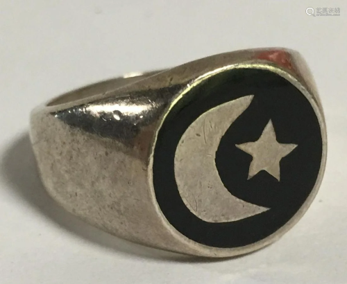 Sterling Silver & Black Onyx Ring With Star & Moon,