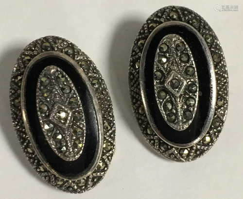 Sterling, Marcasite & Black Onyx Clip Earings