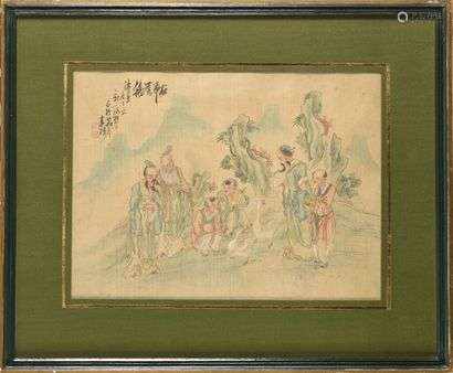 China Painting on silk representing the calligrapher Wang Xizhi contemplating the movement of the neck of the geese which would have inspired his cursive calligraphy.  Signature in ink and seal in red.  First half of the 20th century.