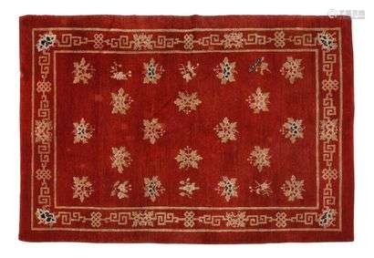 Rare China Bao tao Wool velvet on cotton foundation.  Vermilion field with stylized lace foliage. Border with geometrically stylized Greek-style labyrinths surrounded by lotus flowers Late 19th century - Early 20th century H : 202 , W : 140 cm (Good condition)
