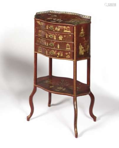 Small table in Parisian varnish with a red background in the taste of the Far East, opening with four drawers and resting on uprights joined by a spacer shelf.  Late 19th century.  H : 78 cm, W : 41 cm, D : 30 cm