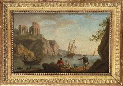 Late 18th century French school, follower of Claude-Joseph Vernet (1714 -1789) The fishermen Oil on canvas H. 22,5 cm - L. 34,5 cm In a Louis XVI style giltwood frame.