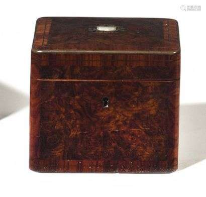 Tea box made of burrwood and rosewood with brass and mother-of-pearl inlay. Probably England, second half of the 19th century.  H: 11 cm, W: 12.5 cm, D: 11 cm