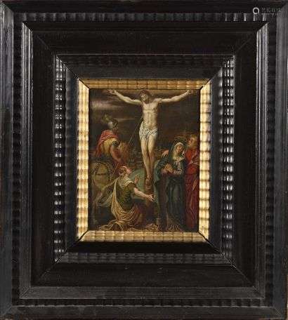 FLAMANDE School circa 1630 The Crucifixion between Saint John and the Virgin and Mary Magdalene Copper 22 x 18.5 cm Small old restorations Beautiful 17th century Dutch frame