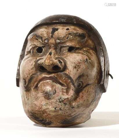Japan Small polychrome carved wooden miniature mask in the manner of No theatre representing a samurai. 19th century Height: 8 cm