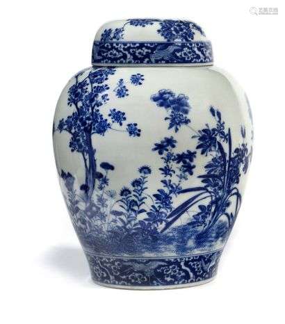 Japan Porcelain covered baluster vase decorated in blue with flowers and flowering branches. Meiji period (1868-1912) (with its inner lid) Height: 35 cm