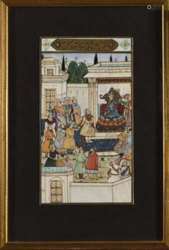 INDIA Palace scene. Indian miniature on ivory painted with gold highlights. Pakistan 20th century. Frame with gilded chopsticks. 18 x 10 cm