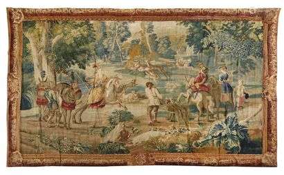 Tapestry panel from the middle of the 18th century (around 1745) from the Royal Manufactures of Brussels, from the workshops of the Leyniers-Reydams families. This tapestry belonged to a series of hangings on the subject of hunting, based on cartoons by Jean-Baptiste Oudry (1686-1755). The panel presented here has as its register a 