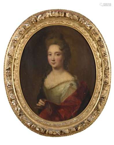 French School of the 18th century Portrait of an Elegant Lady in Red Drapery Oil on oval canvas Height: 71 cm, Width: 57 cm In a wooden frame and gilded stucco