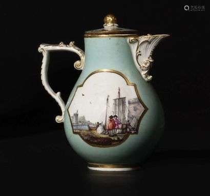 Meissen Porcelain pot covered with polychrome decoration of gallant couples and animated quay in storerooms on a turquoise blue background. Marked: crossed swords in blue and 70 in gold. 18th century, circa 1740. 15 cm high. (the handle broken and glued back together)