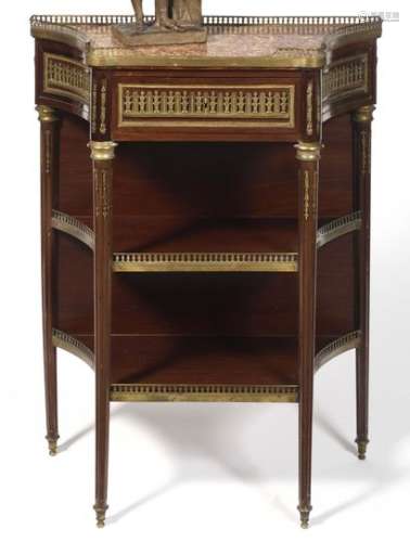 Small console table with indented mahogany sides, opening to a drawer and resting on fluted uprights joined by two spacer shelves, top of Brocatelle marble from Spain with gallery (the added channel frieze). Louis XVI style, 19th century. H : 87 cm, W : 66 cm, D : 30,5 cm