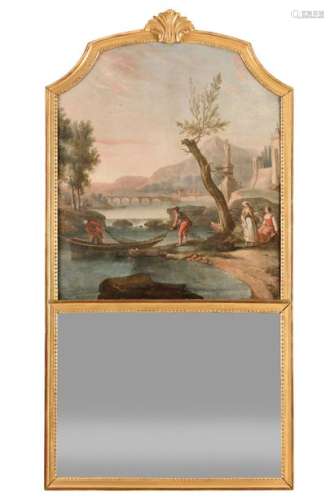 Lacquered and gilded wood trumeau in red gilded wood, moulded and carved with pearls, decorated at the top with an oil on canvas representing a landscape with a bridge in the background and animated with fishermen Neo-classical work (some restorations, mounting)