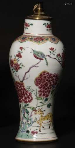 Baluster-shaped vase in Chinese porcelain with white background and polychrome decoration of flowering branches, birds and chrysanthemums. 18th century (mounted as a lamp) H : 23 cm