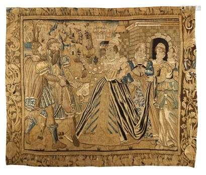 Rare tapestry panel from the Marche (France) from the middle of the 16th century, belonging to a series of tapestry hangings on the subject of the history of Hester. The cartoons of this suite seem to be related to the work of the French engraver Etienne Delaune (1518-1583), as well as to the drawings of the Flemish J. Stradanus (1523-1605). Similar tapestries were also woven in Flanders and Holland. Our panel contains inscriptions naming the characters depicted, such as Vashtiy, the first wife of King Ahasuerus, himself depicted on the left of the panel. The border was brought back in the 19th century. The presence of the inscriptions and their type suggests that it is possible that the hanging was originally woven for a Yiddish-speaking notable. 285 x 315 cm