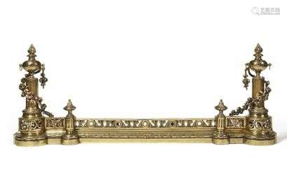 Fireplace bar decorated with flamed cassolettes on fluted columns with garlands of flowers on openwork bases with laurel garlands Louis XVI style H: 48 cm , L: 163 cm