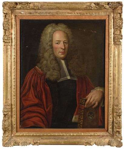 Ecole FRANCAISE circa 1720 Portrait of a magistrate Canvas 75 x 59,5 cm Old restorations and small lacks In a recut frame, French work from the Louis XIV period