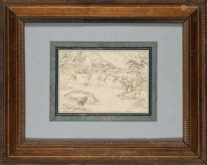 Attributed to Giovanni Francesco GRIMALDI (1606-1680) Landscape Pen and brown ink 13.7 x 19.6 cm Stains in the lower section