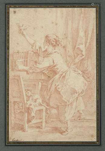 François BOUCHER (1703-1770) L'oiseau s'envole Counter-test of sanguine 26.4 x 17.4 cm Annotated 