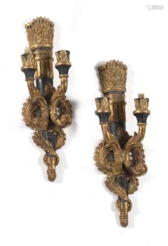 Pair of sconces with two light arms in gold resin and painted with lictors' beam decorations.  Modern work.  Height. 43 cm (accidents)
