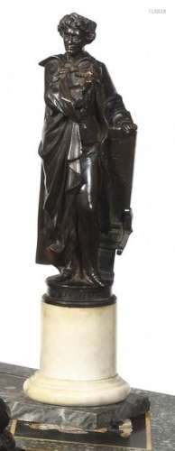 Bronze figure with a brown patina representing Aloys Senefelder (1771-1834), inventor of lithography, holding a plaque inscribed: 