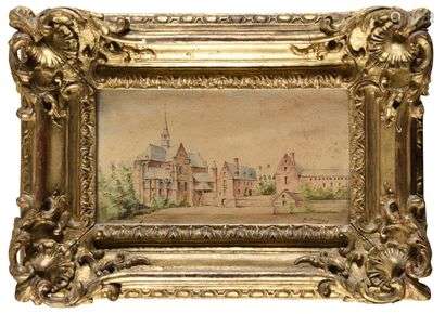 Charles Fréchon (1856-1929) Attributed to Vue d'Eglise Watercolour signed and dated August 89 bottom right 7 x 13 cm (at sight) In a very beautiful gilt wood and stucco frame in the Louis XV style.