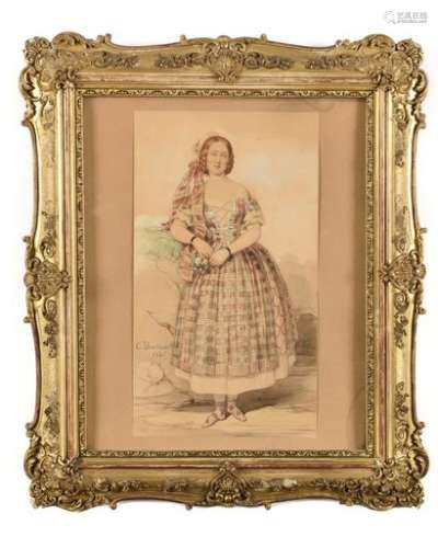 Charles DOUSSAULT (1806-1880) Young woman in Scottish costume. Watercolour drawing Signed, dated and numbered on the left 