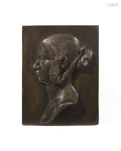 Bronze relief with a brown patina in a rectangular shape representing a young girl in profile. Signed by Célestin Anatole (1822-1906) and dated 1840. H: 33 cm, W: 25 cm