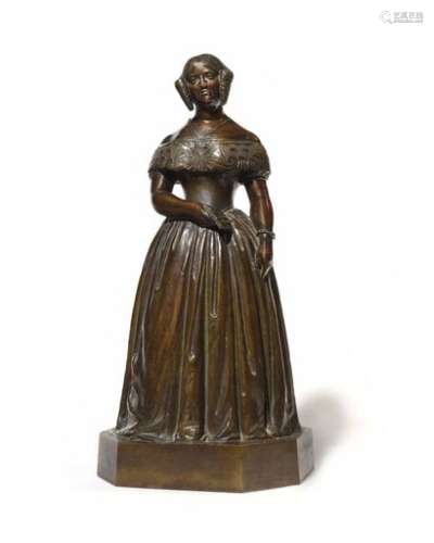 Bronze figure of a young woman with a brown patina, holding in her hand a letter inscribed: 