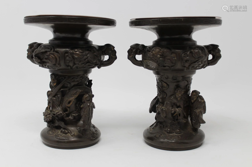 Signed Antique Bronze Chinese Figural Candlesticks