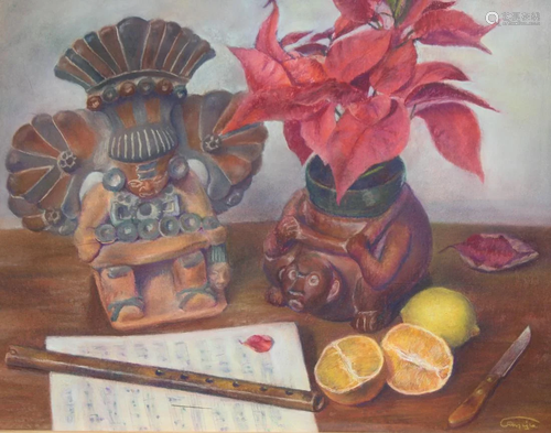 Gregory Mejia (20th C.) Still Life w/ Aztec Figure