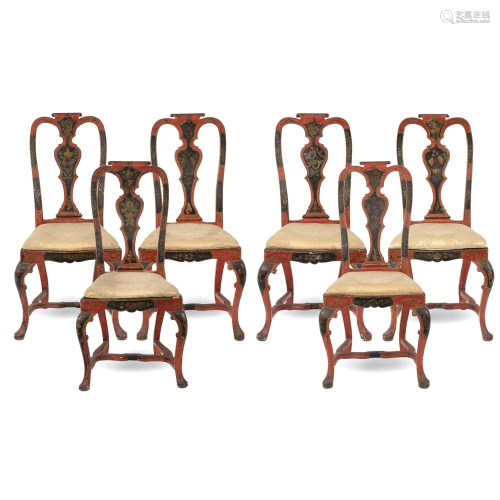 Six red lacquered wooden chairs Italy, 19th ce…
