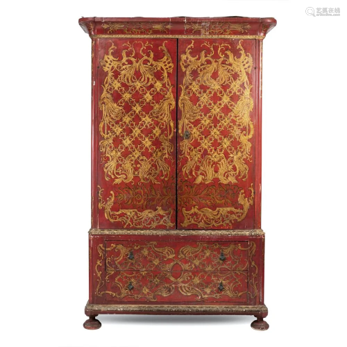 Two-body red lacquered cabinet Venice, 18th century