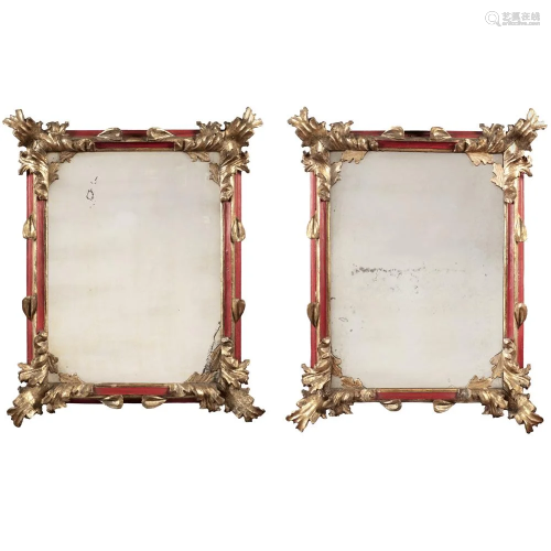 Pair of red lacquered wooden mirrors Italy, 18th