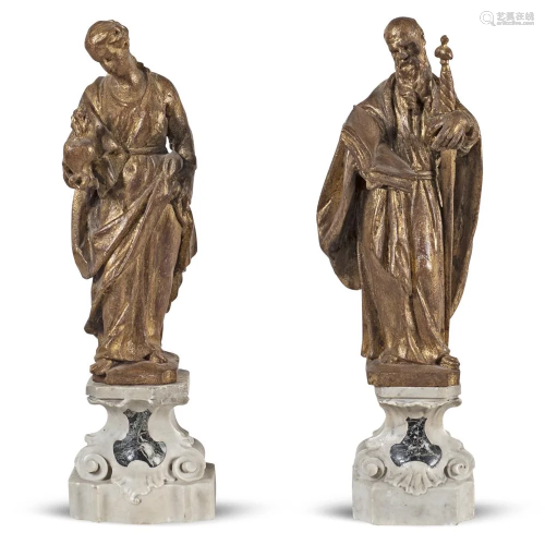 Pair of inlaid and giltwood sculptures