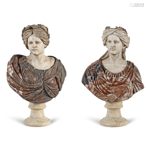 Pair of white and polychrome marble busts Italy, …