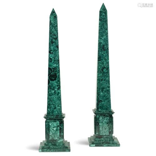 Pair of Malachite obelisks 20th century 101x22…