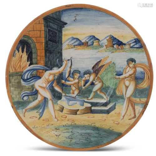 Polychrome majolica plate Urbino, 19h century d. …