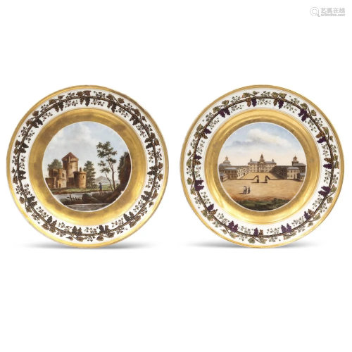 Pair of polychrome and golden porcelain plates Paris,