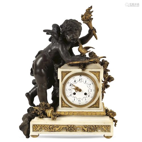 White marble, burnished and gilt bronze mantel clock