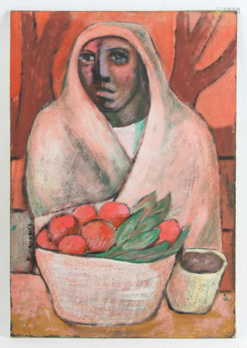 R. Cruanea, Woman with Flowers, Oil on Board