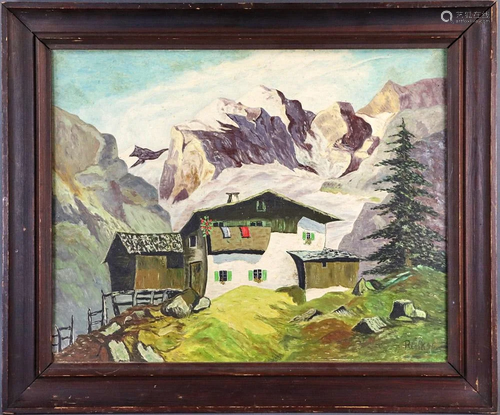 Chalet View in Swiss Mountains, Oil on Board