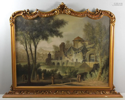 19thC European Castle View with Figures, Oil on Ca…