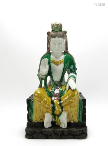 Chinese Sancai Glazed Porcelain Seated Guanyin Figure
