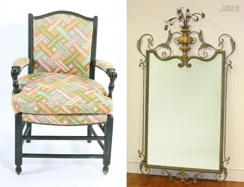 French Armchair, Mirror with Wrought Iron Frame