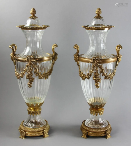 Pair of Signed Baccarat Crystal Covered Urns