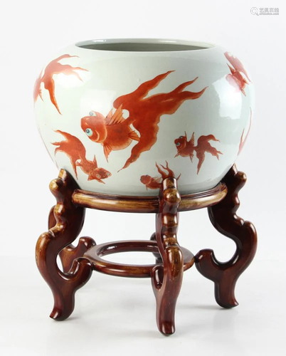 Chinese Koi Fish Porcelain Bowl on Stand