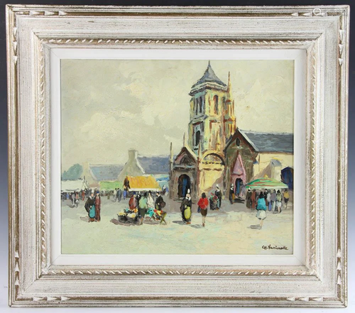 Charles Vaniscotte Market Scene Oil on Canvas