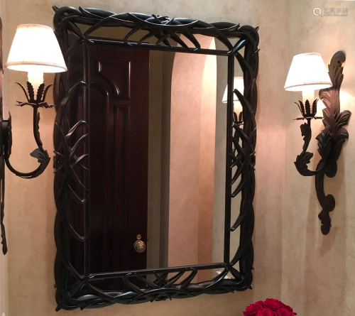 Pair of Wrought Iron Sconces with Mirror