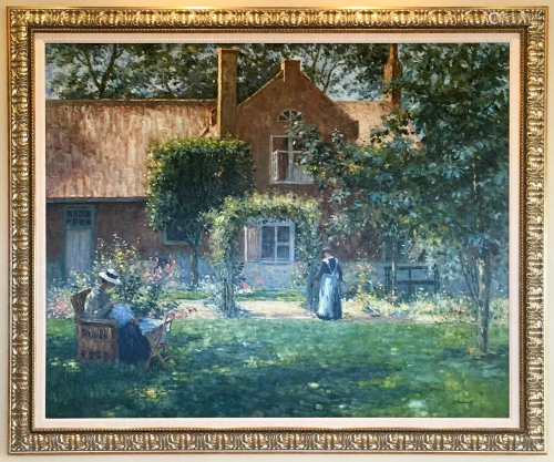 19thC Style French Garden Scene, Oil on Canvas